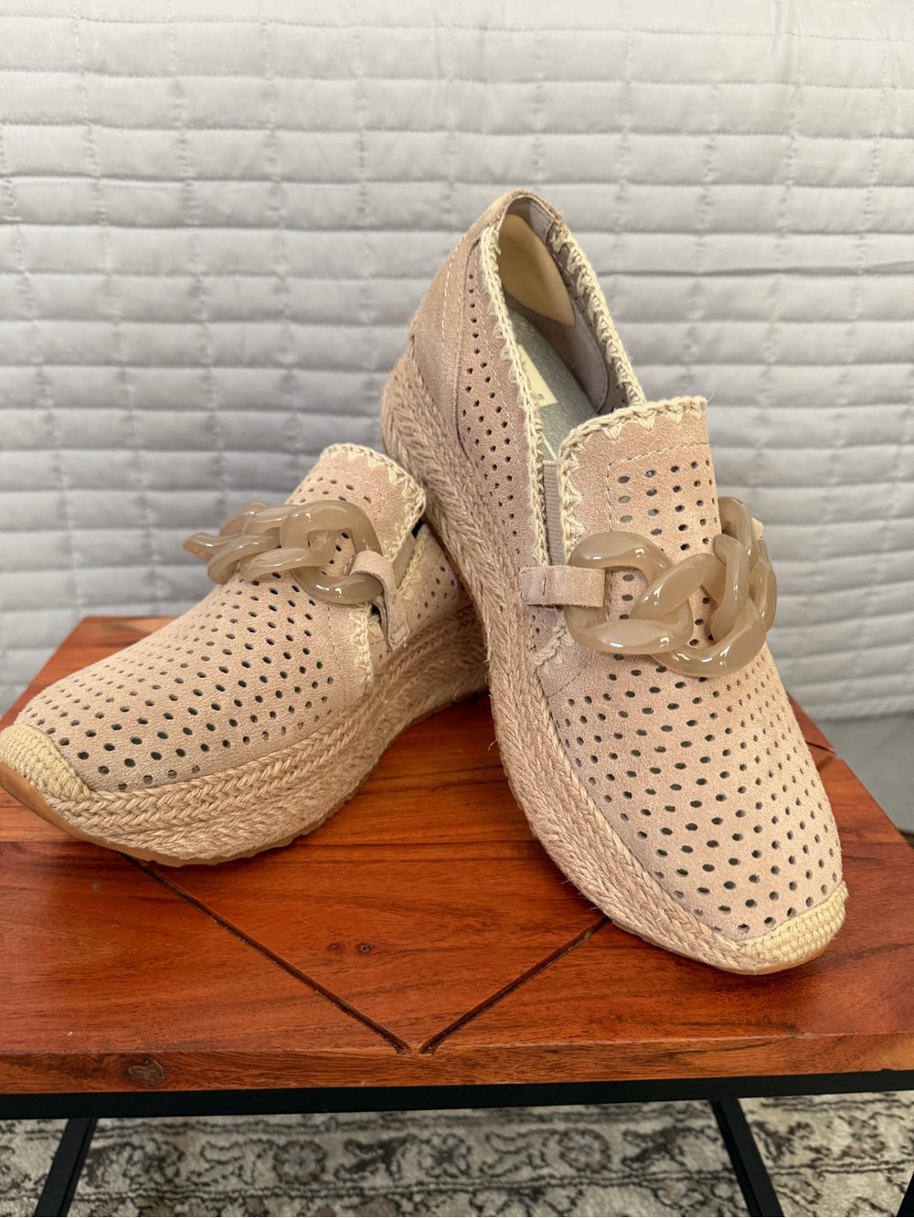 Dolce Vita Blush Perforated Espadrille Platform Loafers with Chain Accent